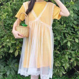 Set: Short-sleeve Striped Mini T-shirt Dress + Mesh Tank Dress As Shown In Figure - One Size