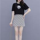 Set: Short-sleeve Flower Detail T-shirt + Lettering Mini A-line Skirt