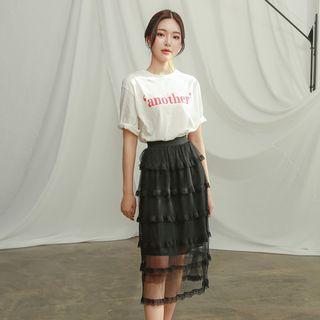 Lace-trim Tiered Long Tulle Skirt