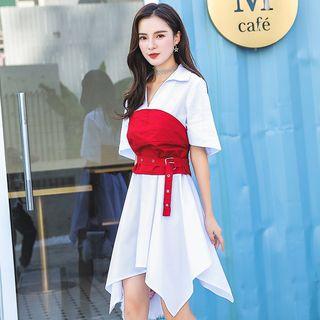 Set: Elbow-sleeve A-line Dress + Strapless Top