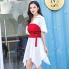 Set: Elbow-sleeve A-line Dress + Strapless Top