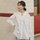 Plain Long-sleeve Double-pocket Blouse White - One Size