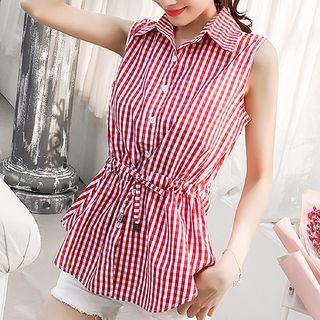 Drawstring Plaid Sleeveless Shirt