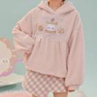 Cartoon Themed Fleece Hoodie / Irregular Gingham Check Mini A-line Skirt