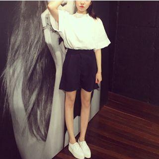 Set: Plain Elbow Sleeve Shirt + Wide Leg Shorts