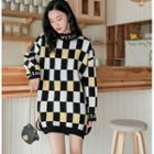 Mock-turtleneck Plaid Sweater Plaid - Black & White & Yellow - One Size