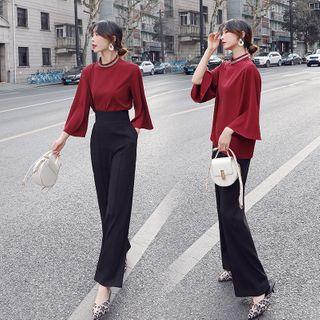 Set: Rhinestone Bell-sleeve Blouse + Wide Leg Pants