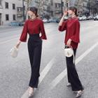 Set: Rhinestone Bell-sleeve Blouse + Wide Leg Pants