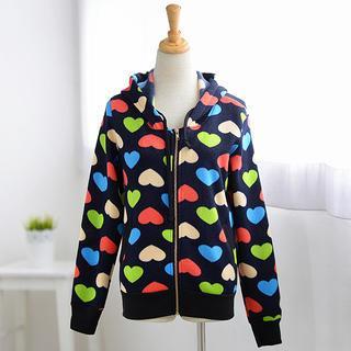 Heart Pattern Zip Up Jacket Navy Blue - One Size
