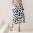 Button-trim Floral Long Flare Skirt