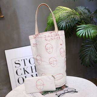 Embroidered Canvas Bucket Bag With Pouch