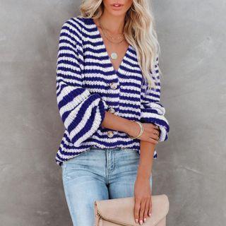 Long Sleeve V-neck Striped Loose-fit Cardigan