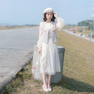 Set: Long-sleeve Midi Mesh Dress + Tweed Vest