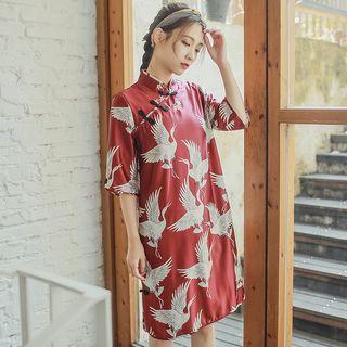 Short-sleeve Crane Print Mandarin Collar Dress