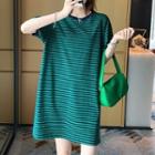 Short-sleeve Striped T-shirt Dress Green - One Size