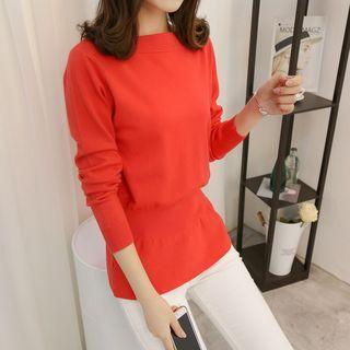Long-sleeve Gather Waist Plain Sweater