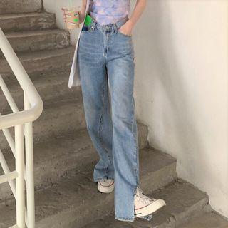 Washed Slit-hem Straight Leg Jeans