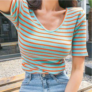 Scoop-neck Stripe Ribbed T-shirt
