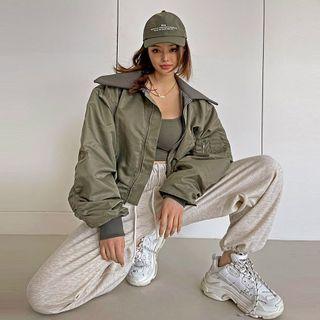 Wide-collar Shirred Bomber Jacket Khaki - One Size
