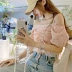 Short-sleeve Off-shoulder Floral Print Lace Top Pink - One Size