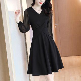 Long-sleeve Mesh Panel Plain Mini Dress
