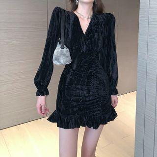 Long-sleeve V-neck Ruffle Trim Velvet Mini Dress