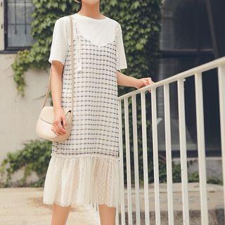 Mock Two-piece Short-sleeve Plaid Panel Midi Dress