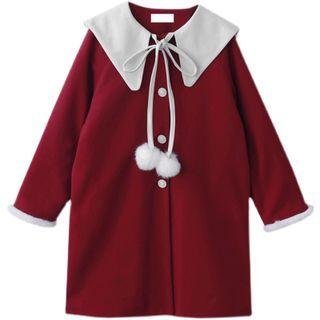Wide Collar Pom Pom Accent Button-up Coat
