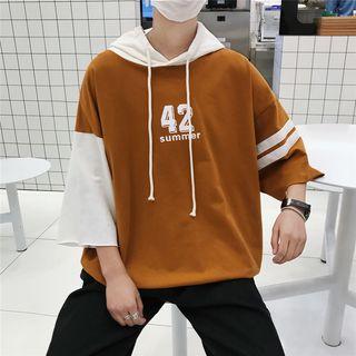 Print Color-block Hooded Short-sleeve Top