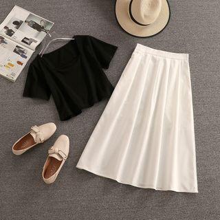 Set: Short-sleeve Cropped T-shirt + Midi A-line Skirt