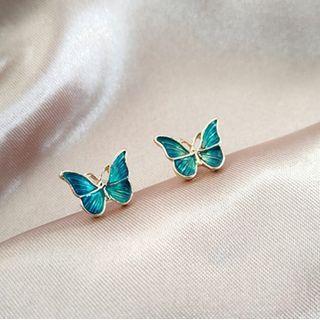 Butterfly Sterling Silver Stud Earring 1 Pair - 925 Silver Stud - Bluish Green - One Size