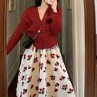 Plain Cardigan / Cherry Print Midi Skirt / Set