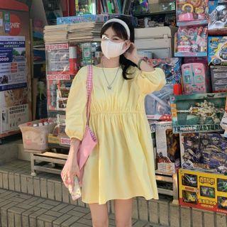 3/4-sleeve Plain A-line Dress Yellow - One Size