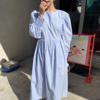 Long-sleeve Plain Drawstring Loose Fit Dress