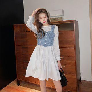 Set: Long-sleeve A-line Dress + Knit Camisole Top