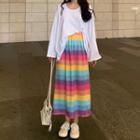 Plain Long-sleeve Top + Rainbow Striped Skirt