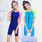 Color Block Front Zip Short-sleeve Swimsuit