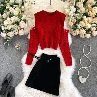 Set Of 2 : Off-shoulder Long-sleeve Sweater + Plain A-line Skirt