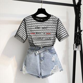 Set: Short-sleeve Striped Mesh T-shirt + Denim Shorts