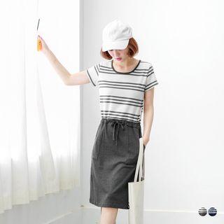 Striped Pocket Drawstring Waist Dress