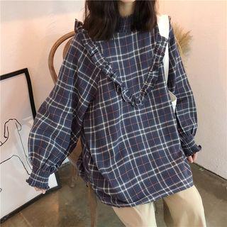 Check Mock-neck Long-sleeve Blouse