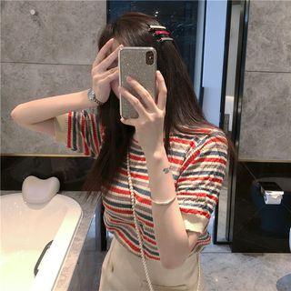 Pinstriped Short-sleeve Knit Top As Shown In Figure - One Size