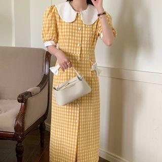 Puff-sleeve Gingham Midi Sheath Dress