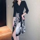 3/4-sleeve Print A-line Wrap Dress
