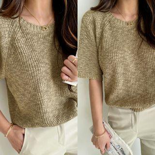 Raglan-sleeve Knit Top Khaki - One Size