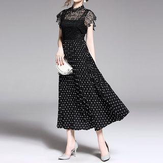 Cap-sleeve Dotted A-line Midi Dress