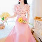 Short-sleeve Flower Print Panel Midi A-line Dress