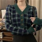 V-neck Plaid Cropped Cardigan Blue & Green - One Size