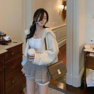 Plaid Pleated Short / Lace Tank Top / Woolen Hooded Cardigan