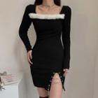 Long-sleeve Fluffy Trim Lace-up Mini Sheath Dress